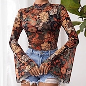preiswerte Oberteile-Retro Vintage 1970er Groovy Bauchfreies Top Glockenärmel Disco Netz Blumen Damen Halloween Karneval Musikfestival Retro-Mottoparty Erwachsene Oberteil