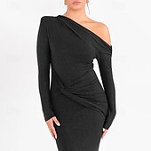 preiswerte Einfaches Kleid-Damen Langes Kleid Maxikleid Abschlussballkleid Partykleid Mode Party Besonderer Anlass Abendgesellschaft Normale Passform Einfach Langarm Kalter Schulter-Ausschnitt Schwarz Purpur Braun Herbst