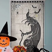 cheap Halloween Door Covers-Halloween Scary Witch Front Door Curtain Decoration, Halloween Broomstick Bats Flying Jagged Bottom Display