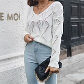 cheap Solid Colors-Women&#039;s Pullover Casual Solid Color Chunky V Neck Knitted Hole Long Sleeve Regular Tops Knit Daily Holiday Going out White Blue Summer Fall