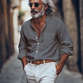 voordelige Straat-Voor heren Overhemd Linnen overhemd Overhemd met bandkraag Zomer overhemd Strand Kleding Overhemd met knopen Effen Vakantie Streetwear Zwart Wit Blauw Khaki Lange mouw Band Kraag Lente zomer Kleding