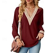 preiswerte Damen Einfache Oberteile-Damen Bluse Farbblock Modern Lässig Langarm V Ausschnitt Normale Oberteile Täglich Ferien Patchwork Gras-Grün Erröten Sie Rosa Schwarz Rosa Wein Sommer