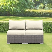 cheap Patio Cushions Cover-2-Piece Patio Armless Sofa Cover Set, Outdoor Sectional Sofa, All-Weather Grey PE Wicker Rattan Conversation Sofa, Outdoor Loveseat, Patio Seating for Balcony Garden Pool