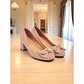 cheap 1950s-Women&#039;s Heels Retro Party Work Daily Bowknot Chunky Heel Square Toe Elegant Vintage Faux Suede Loafer Black Pink Blue