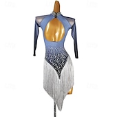 preiswerte Kleidung für lateinamerikanische Tänze-Lateinamerikanischer Tanz Kleid Quaste Spleißen Kristalle / Strasssteine Damen Leistung Training Langarm Chinlon Netzstoff Spandex