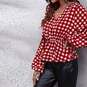 お買い得  女性用ストライプ＆ジオメトリックトップス-女性用 夏のトップス シフォントップス チェック 日常 スタイリッシュ ベーシック 長袖 ランタンスリーブ Ｖネック レギュラートップス ワーク 日常 祝日 プリント ルビーレッド 春 秋
