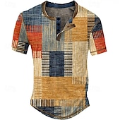 tanie Geometryczny-Męskie Graficzny Kratka Kolorowy blok Koszula Henley z waflami Krótki rękaw Druk 3D Zabytkowe Moda Designerskie Na zewnątrz Codzienny Lato Żółty Czerwony Niebieski Zielony Ciemnoniebieski Henley