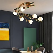 economico Lampade da soffitto-Lampada da soffitto floreale a 6 luci, lampada da soffitto semi-incassata vintage a forma di fiore di tulipano, ramo in metallo dorato con paralumi in vetro smerigliato per soggiorno, camera da letto