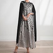 economico Lunghezza del pavimento-Abito con mantello A-Line madre della sposa elegante scollo rotondo cristalli lunghezza sul pavimento maniche lunghe con ricami in pizzo