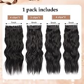 abordables Clip dans les extensions-Extensions de cheveux noirs de jais de 24 pouces à clipser, 4 pièces, extensions de cheveux synthétiques longs et ondulés, extensions de cheveux souples à clipser, postiche à double trame pour toute