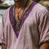 preiswerte Urlaub-Herren Leinenhemd Sommerhemd Vintage-Shirt Kurzarmshirt Ethno-Hemd Patchwork Urlaub Straße Purpur Kurzarm V Ausschnitt Sommer Bekleidung Ethnisch &amp; Religiös