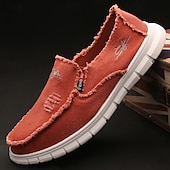 abordables Chaussures sans lacets &amp; mocassins-Mocassins à enfiler en toile rouge vieillie pour hommes, design à bords effilochés avec semelle coussinée, idéal pour les sorties streetwear d&#039;été, les week-ends et les journées décontractées