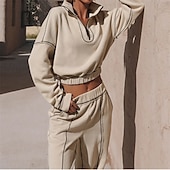 abordables Chándales-Mujer Tracksuit Sudadera Ropa Deportiva Otoño Manga Larga Mantiene abrigado Resistente al Viento Suave Gimnasio Rutina de ejercicio Deportes Ropa de deporte Ropa de Deporte Color sólido Albaricoque