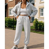 cheap Tracksuits-Women's Tracksuit Sweatpants Pullover Sweatshirt Zipper Pocket Solid Colored Clothing Suit Spring Fall Black Pink Gym Training Running Windproof Long Sleeve Sport Activewear Micro-elastic Regular Fit