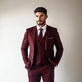 voordelige Formele pakken-Heren liiketoiminta Kostuums Bordeaux Formeel Werk Kleding Effen Standaard pasvorm 3-delige set Enkele rij knopen met twee knopen