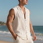 cheap Vacation-Men&#039;s Shirt Linen Shirt Casual Shirt Button Up Shirt Cotton Shirt Plain Vacation Street Black White Yellow Navy Blue Sleeveless Turndown Summer Clothing Apparel Buttons