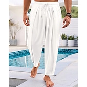 cheap Holiday-Men&#039;s Linen Pants Summer Pants Beach Pants Harem Pants Pocket Elastic Waist Drawstring Plain Comfort Breathable Calf-Length Vacation Daily Holiday Hawaiian Boho Black White