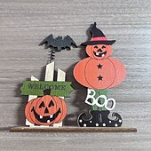 baratos Decorações de Halloween Penduradas e de Mesa-2 peças de decoração de mesa de esqueleto de madeira para Halloween, caveira elástica com abóbora e morcego, enfeite de mesa assustador para decoração de festa de Halloween
