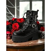 baratos Década de 1980-Botas de combate femininas estilo gótico plataforma Y2K - Botas pretas de cano curto com cadarço inspiradas nos anos 80, com tiras cravejadas e saltos grossos para cosplay, Halloween e streetwear punk