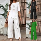 abordables Ensembles chemisiers pour femmes-Femmes Élégant Mode Streetwear Ensembles de Pantalons Demi Manches Col rond Couleur Unie Patchwork Occasionnel Quotidien Noir Blanche Vert Été Coupe régulière