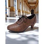 abordables années 1930-Femmes Chaussures à Talons Rétro Brogue Travail Quotidien À lacets Talon Cône Bout Rond Élégant ancien Marche PU À lacets Noir Blanche Jaune
