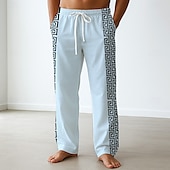 cheap Men&#039;s Printed Casual Pants-Men&#039;s Trousers Baggy Pants Casual Pants Side Pockets Elastic Waist Wide Leg Greek Key Meander Full Length Outdoor Vacation Ethnic Style White Blue Inelastic