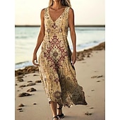 preiswerte Druck Blumen Kleider-Damen Langes Kleid Maxikleid Freizeitkleid Trägerkleid Sommerkleid afrikanisch Täglich Ferien Strand Normale Passform Blumen Ärmellos V Ausschnitt Wein Burgunderrot Marineblau Blau Sommer