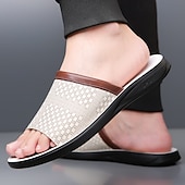 お買い得  バケーションサンダル-メンズ織りスタイルのフェイクレザースライドサンダル。質感のあるアッパー。快適なスリッポンデザイン。リラックスしたプールサイドや休暇の履き心地に最適。