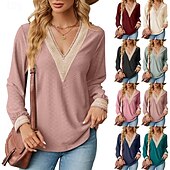 preiswerte Damen Einfache Oberteile-Damen Bluse Farbblock Modern Lässig Langarm V Ausschnitt Normale Oberteile Täglich Ferien Patchwork Gras-Grün Erröten Sie Rosa Schwarz Rosa Wein Sommer