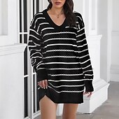 abordables Robes pull-Femmes Mini Robe Robe Pull Robe occidentale Mode Extérieur Soirée Fête Coupe régulière Rayé manche longue Col en V Noir Automne