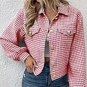 Women's Casual Jacket Comfortable Pocket Buttons Fashion Houndstooth Outdoor Vacation Holiday Going out Single Breasted Regular Turndown Regular Fit Long Sleeve Outerwear Black Red Sky Blue Fall 8