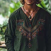 preiswerte Urlaub-Herren Hemd Leinenhemd Wikinger-Stil Popover-Hemd Sommerhemd Strandbekleidung Geometrisch Urlaub Straße Grün Langarm V Ausschnitt Sommer Frühling Bekleidung