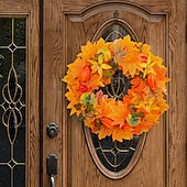 cheap Thanksgiving &amp; Fall-Fall Wreath for Front Door Thanksgiving Autumn Harvest Indoor Outdoor Decoration, Pumpkin and Maple Leaf Artificial Grapevine Wreath Halloween Home Decor