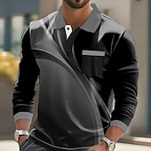 halpa Miesten geometrinen poolo-Miesten Geometrinen Polo Pitkähihainen Poolopaidat Kauluspaidat Business Casual liiketoiminta Urheilu- ja treenivaatteet Arki-asut Tasku 3D-tulostus Napit Kevät Syksy Talvi Rubiini Sininen Ruskea