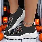 levne Pro ženy-Dámské gotické boty s potiskem havraní kostry – bílé flyknit halloweenské nazouvací boty pro fanoušky hororů, cosplaye a podzimních kostýmních párty od Sarah Richter