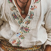 economico Vacanza-Per uomo Camicia Camicia di lino Camicia casual Camicia di cotone Floreale Vacanza Camicia hawaiana Bianco Manica Lunga Scollo a V Primavera Autunno Abbigliamento Etnico / religioso