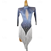 preiswerte Kleidung für lateinamerikanische Tänze-Lateinamerikanischer Tanz Kleid Quaste Spleißen Kristalle / Strasssteine Damen Leistung Training Langarm Chinlon Netzstoff Spandex