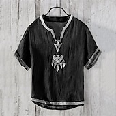 economico Strada-Per uomo Camicia Camicia di lino Camicia popover Camicia casual Camicia di cotone Vichingo Vacanza Camicia hawaiana Nero Manica Corta Scollo a V Estate Primavera Abbigliamento Stampato