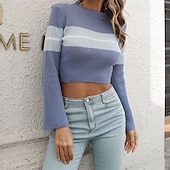 preiswerte Grafische Muster und Details-Damen Pullover Lässig Farbblock Grobstrick Rundhalsausschnitt Gestrickt Langarm Crop Tops Stricken Täglich Ferien Ausgehen Wein Armeegrün Herbst Winter