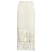 abordables Jupes unies-Femmes Ample Élégant ancien Mode Midi Taille Moyenne Jupes Frange à pompons Froncé Élastique Vacances Quotidien Aqua bleu Noir Vert Claire Rose Claire Été Polyester
