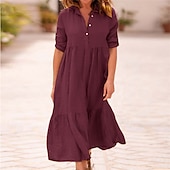 economico disegnare abiti in cotone e lino-Per donna Abito Midi Vestito Casual Abito in cotone e lino Abito Estivo Moda Moderno All&#039;aperto Data Weekend Vestibilità regolare Semplice Senza Maniche Colletto a Camicia Giallo Vino Verde militare