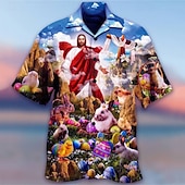 preiswerte Bedruckte Herrenhemden-Herren Mensch Jesus Hemd Hawaiihemd Sommerhemd Knopfhemd Modisch Designer Brautkleider schlicht Outdoor Strasse Casual Sommer Umlegekragen 3D Button-Down Blau Grün Regenbogen Dunkelgray