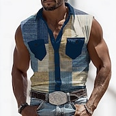 baratos camisas ocidentais dos homens-Homens Bloco de cor Retalhos Camisa Social camisa ocidental Camisa de caubói Sem Manga estilo ocidental Ao ar livre Trabalho Casual Verão Primavera Aberto para a Lateral Impressão 3D Dois bolsos
