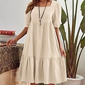 abordables concevoir des robes en coton et lin-Femmes Mini Robe Robe Décontractée Classique Moderne Extérieur Vacances Fête Coupe régulière Uni Manche Courte Col carré Vert foncé Beige Bleu clair Été