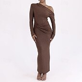 preiswerte Einfaches Kleid-Damen Langes Kleid Maxikleid Abschlussballkleid Partykleid Mode Party Besonderer Anlass Abendgesellschaft Normale Passform Einfach Langarm Kalter Schulter-Ausschnitt Schwarz Purpur Braun Herbst