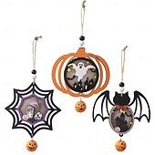 お買い得  ハロウィンの吊るし飾りとテーブルトップ装飾-ハロウィーンのLED木製オーナメント3個、吊り下げ装飾、怖いカボチャとクモのサイン、ハロウィーンの壁の装飾とパーティーの雰囲気に最適