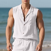 cheap Vacation-Men&#039;s Shirt Linen Shirt Casual Shirt Button Up Shirt Cotton Shirt Plain Vacation Street Black White Yellow Navy Blue Sleeveless Turndown Summer Clothing Apparel Buttons