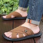 cheap Vacation Sandals-Men&#039;s Tan Faux Leather Slide Sandals Cross-Strap Open-Toe Design with Arch Support Great for Casual Summer Home and Street Style