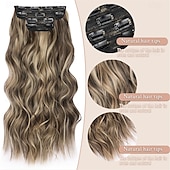 voordelige Clip-in-extensies-Clip-in krullende haarextensies 4 stuks lang golvend haar mix bruin synthetisch clip-in extensions 22 inch voor vrouwen # gemengd bruin &amp;blond
