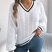 preiswerte Einfarbige Farben-Damen Pullover Lässig Farbblock Gerippt V Ausschnitt Patchwork Gestrickt Langarm Normale Oberteile Stricken Täglich Ferien Ausgehen Weiß Blau Herbst
